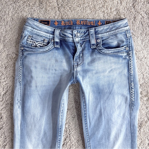 Rock Revival Jeans Womens Size 27 Raven Rhinestone Light Blue Wash Y2K Boot cut - Picture 9 of 10